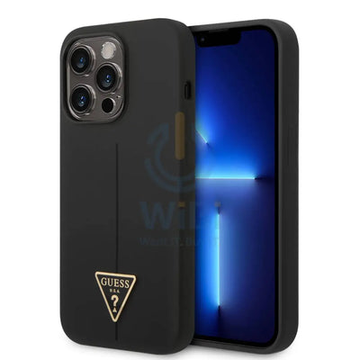 Guess Apple iPhone 14 Pro Max Liquid Silicone Case With Shiny Line & Metal Triangle Tone Logo - Black Accessories >