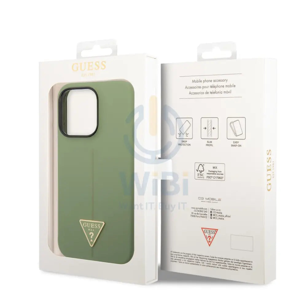 Guess Apple iPhone 14 Pro Max Liquid Silicone Case With Shiny Line & Metal Triangle Tone Logo - Green Accessories >
