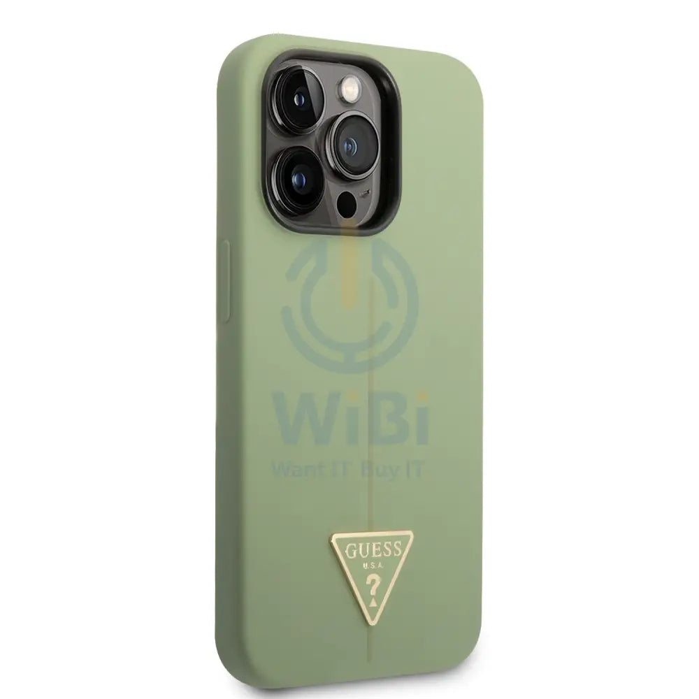 Guess Apple iPhone 14 Pro Max Liquid Silicone Case With Shiny Line & Metal Triangle Tone Logo - Green Accessories >