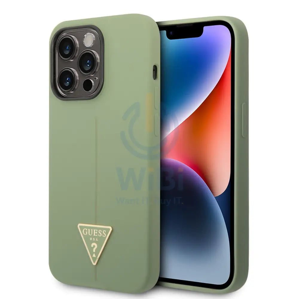 Guess Apple iPhone 14 Pro Max Liquid Silicone Case With Shiny Line & Metal Triangle Tone Logo - Green Accessories >