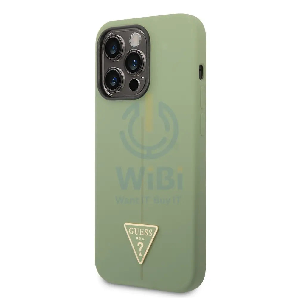 Guess Apple iPhone 14 Pro Max Liquid Silicone Case With Shiny Line & Metal Triangle Tone Logo - Green Accessories >