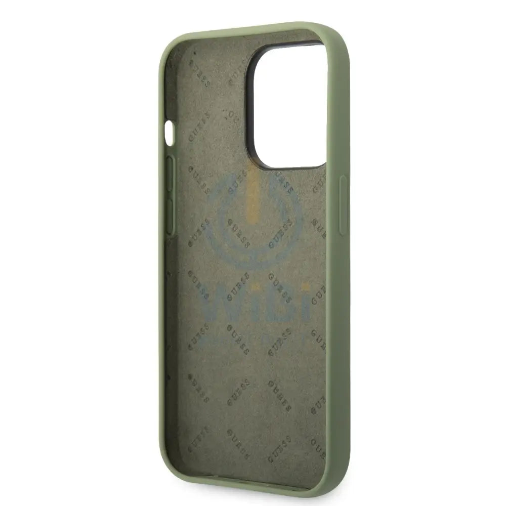 Guess Apple iPhone 14 Pro Max Liquid Silicone Case With Shiny Line & Metal Triangle Tone Logo - Green Accessories >