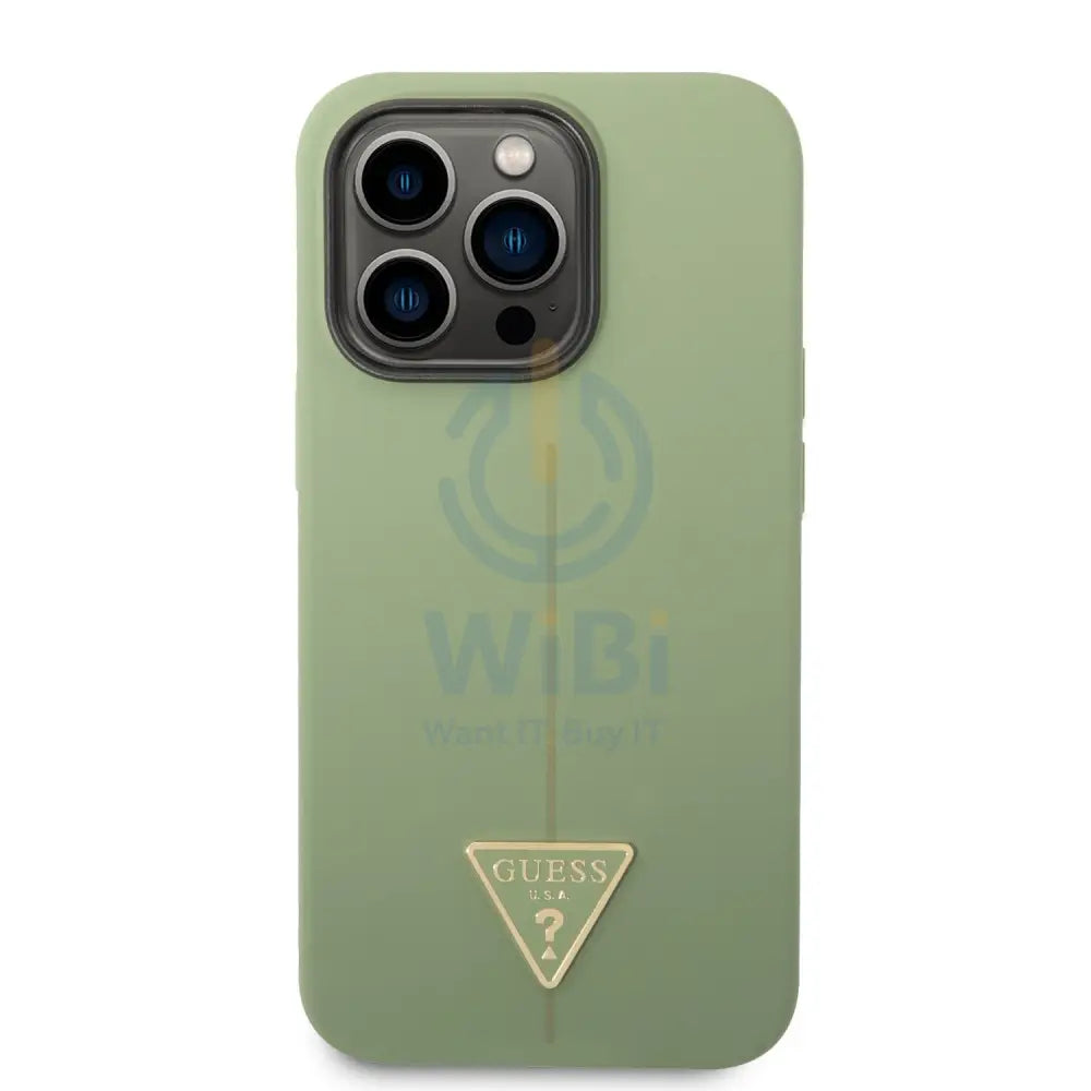 Guess Apple iPhone 14 Pro Max Liquid Silicone Case With Shiny Line & Metal Triangle Tone Logo - Green Accessories >