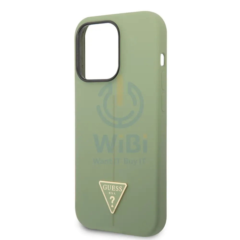 Guess Apple iPhone 14 Pro Max Liquid Silicone Case With Shiny Line & Metal Triangle Tone Logo - Green Accessories >