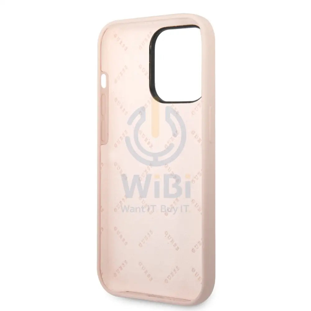 Guess Apple iPhone 14 Pro Max Liquid Silicone Case With Shiny Line & Metal Triangle Tone Logo - Pink Accessories >