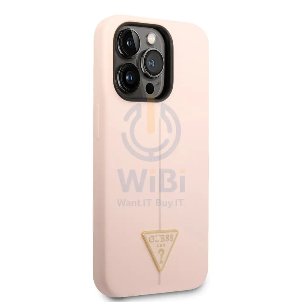 Guess Apple iPhone 14 Pro Max Liquid Silicone Case With Shiny Line & Metal Triangle Tone Logo - Pink Accessories >