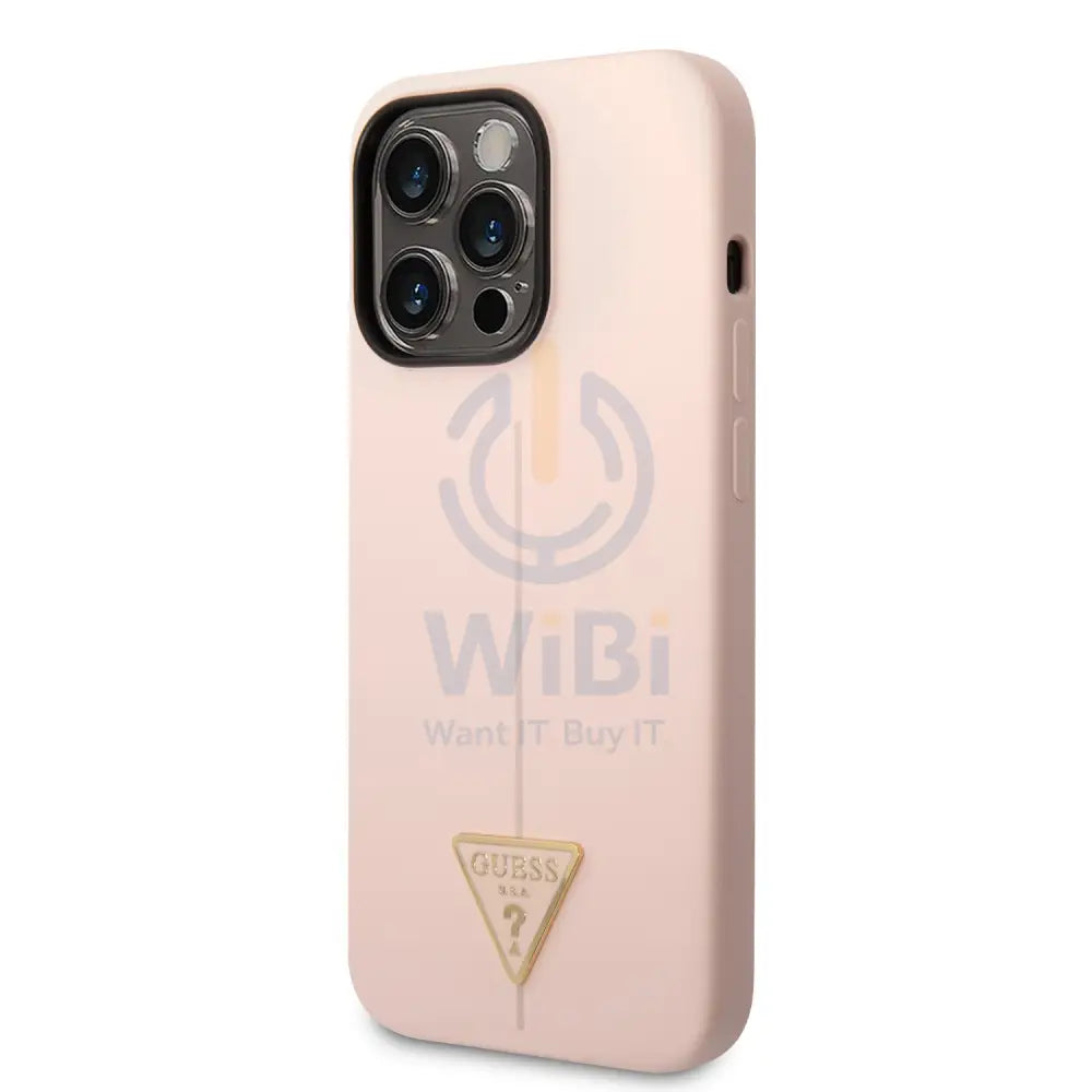 Guess Apple iPhone 14 Pro Max Liquid Silicone Case With Shiny Line & Metal Triangle Tone Logo - Pink Accessories >