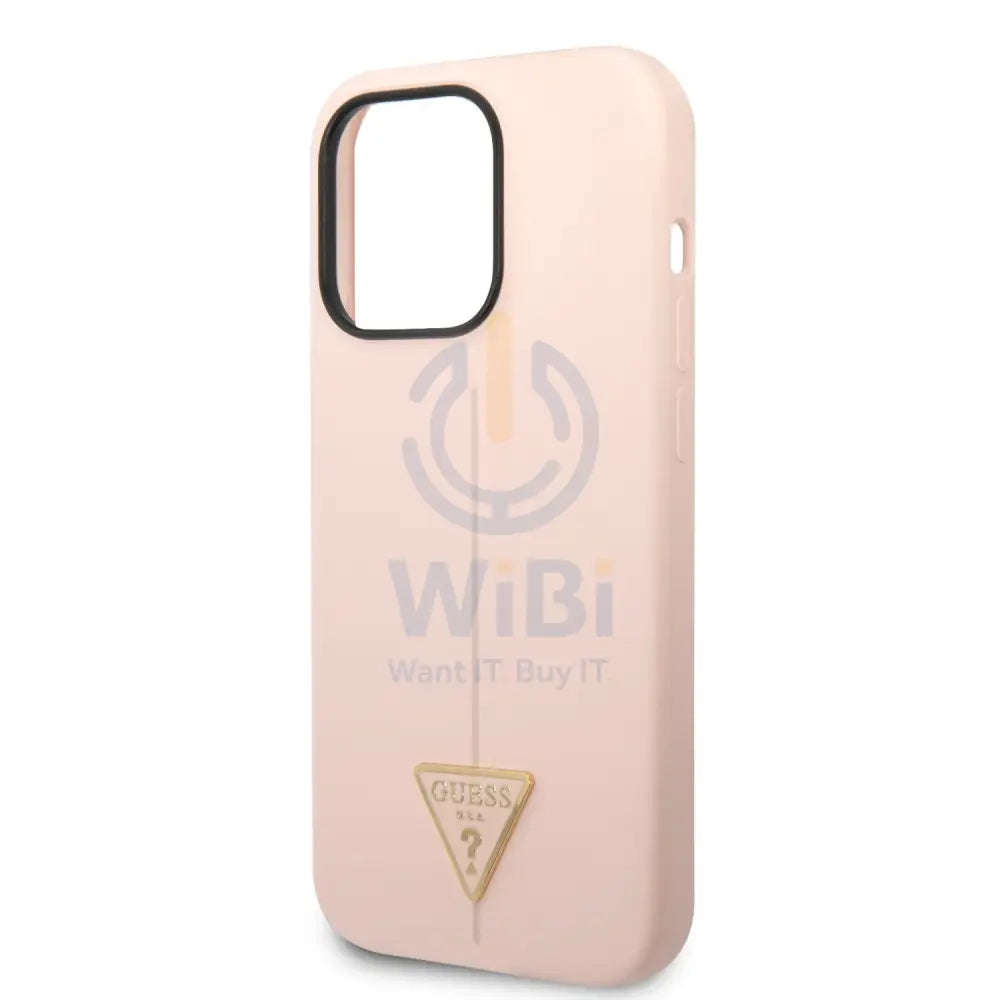 Guess Apple iPhone 14 Pro Max Liquid Silicone Case With Shiny Line & Metal Triangle Tone Logo - Pink Accessories >
