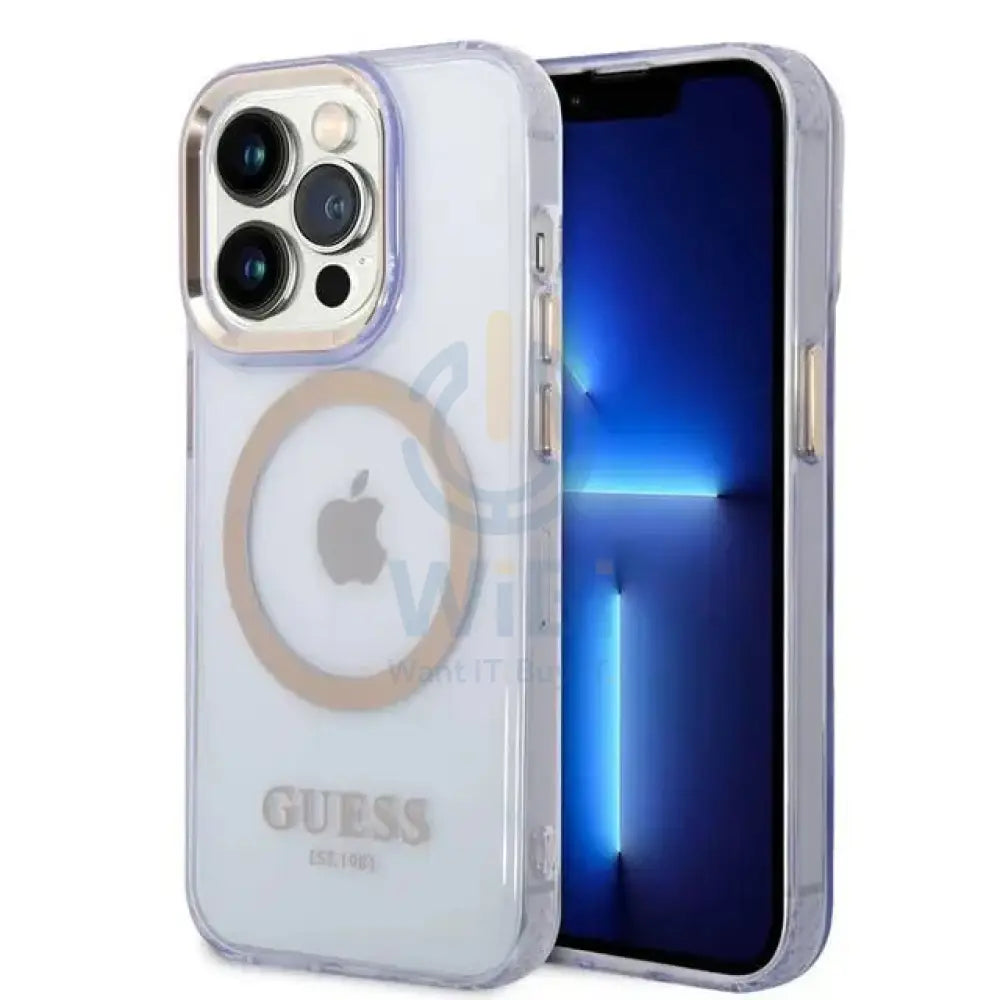 Guess Apple iPhone 14 Pro Max Magsafe Compatible Translucent Gold Outline & Logo - Purple Accessories > Mobiles &