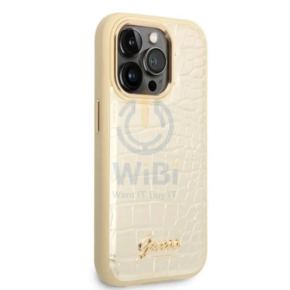 Guess Apple iPhone 14 Pro Max Pu Croco Case With Metal Camera Outline - Gold Accessories > Mobiles & Tablets > Mobiles