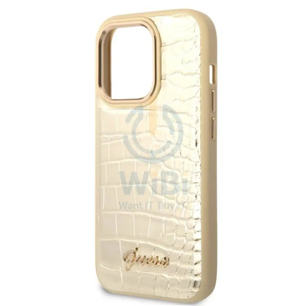 Guess Apple iPhone 14 Pro Max Pu Croco Case With Metal Camera Outline - Gold Accessories > Mobiles & Tablets > Mobiles