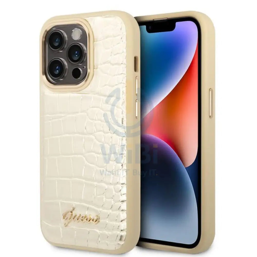 Guess Apple iPhone 14 Pro Max Pu Croco Case With Metal Camera Outline - Gold Accessories > Mobiles & Tablets > Mobiles