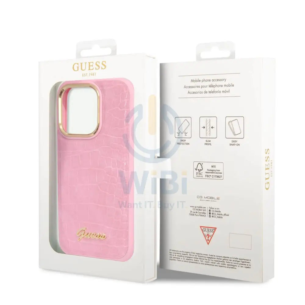 Guess Apple iPhone 14 Pro Pu Croco Case With Metal Camera Outline - Pink Accessories > Mobiles & Tablets > Mobiles