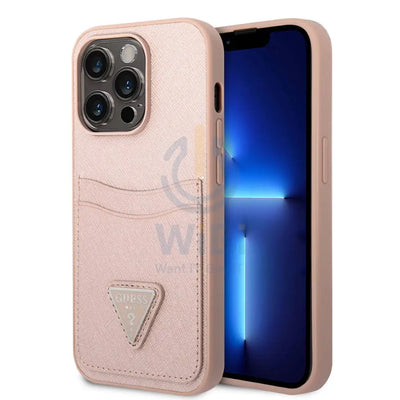 Guess iPhone 14 Pro PU Saffiano Case with Double Cardslot & Metal Triangle Logo - Pink Accessories > Mobiles & Tablets