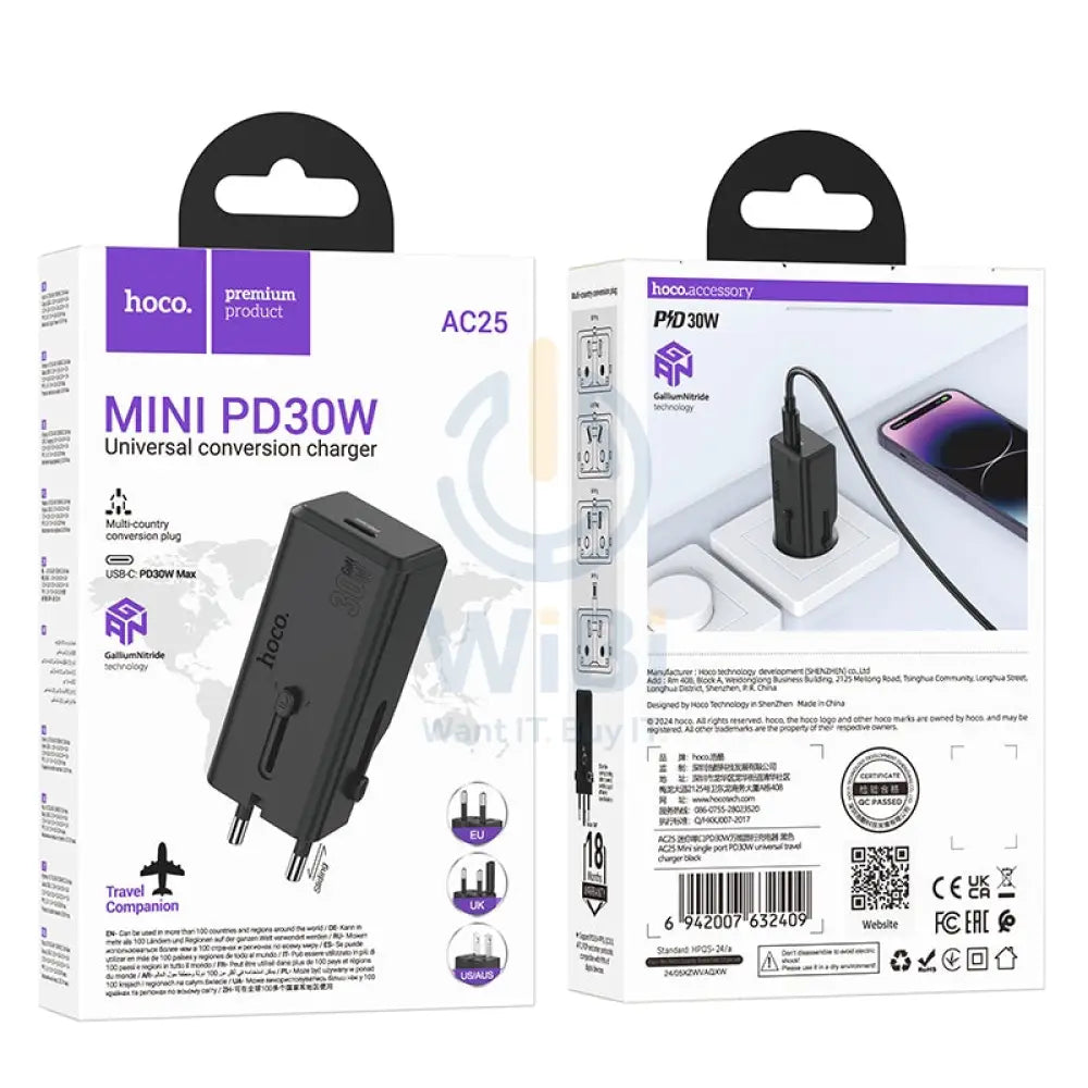 Hoco AC25 Mini Single Port Universal Travel Charger - PD 30W / USB-C / Black Accessories > Power Adapters