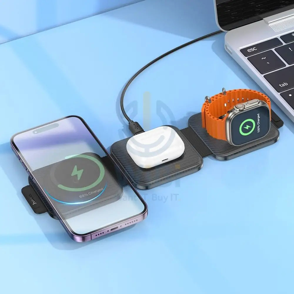 HOCO CQ4 Unique Folding 3 in 1 Magnetic Wireless Charger - Black Accessories > Power Adapters