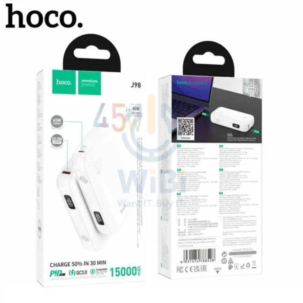 هوكو بنك طاقة J98 طاقة PD45W 15000 مللي أمبير - أبيض اكسسوارات > بنك طاقة