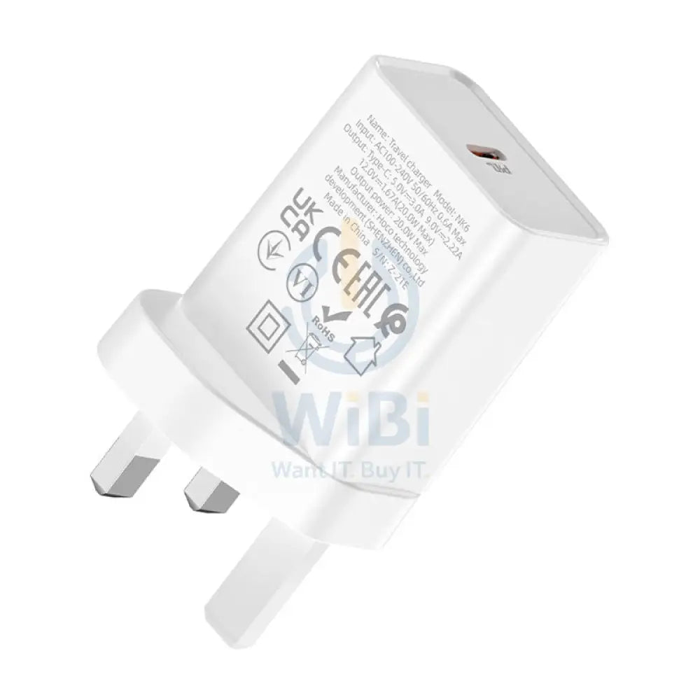 HOCO NK6 Rise Single Port Wall Charger - USB-C / 20W / White