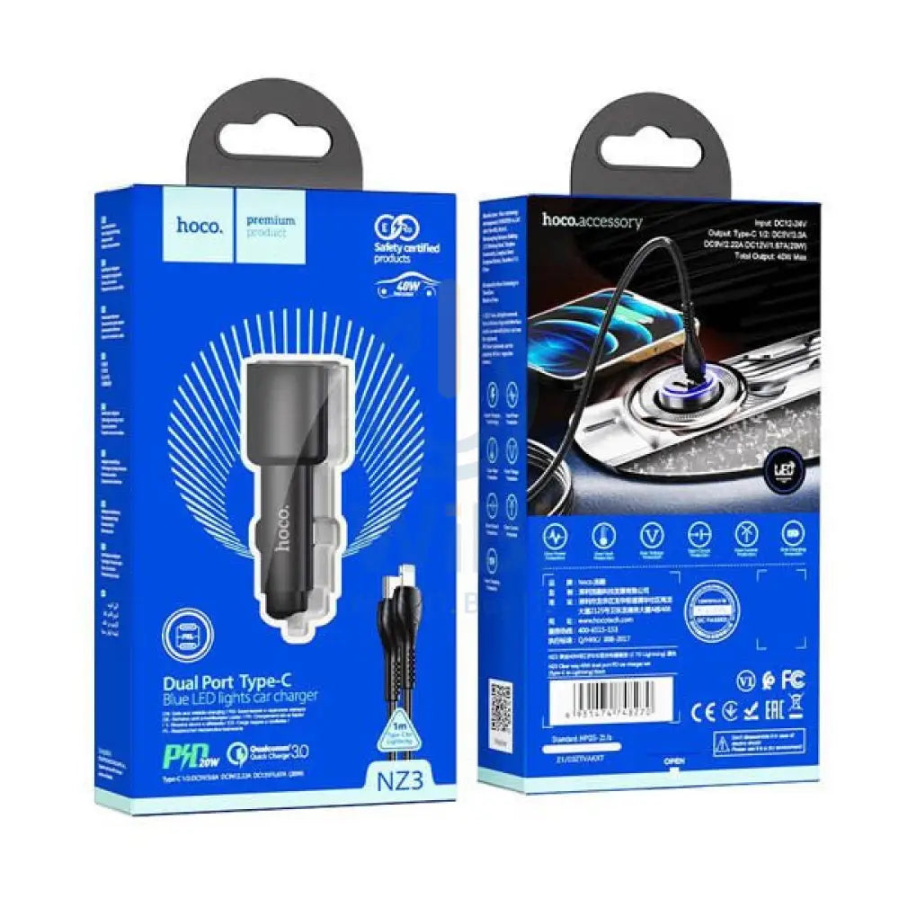 Hoco NZ3 LED Light Car Charger - Type-C / Lightning / Black Accessories > Mobiles & Tablets > Mobiles > Car Chargers