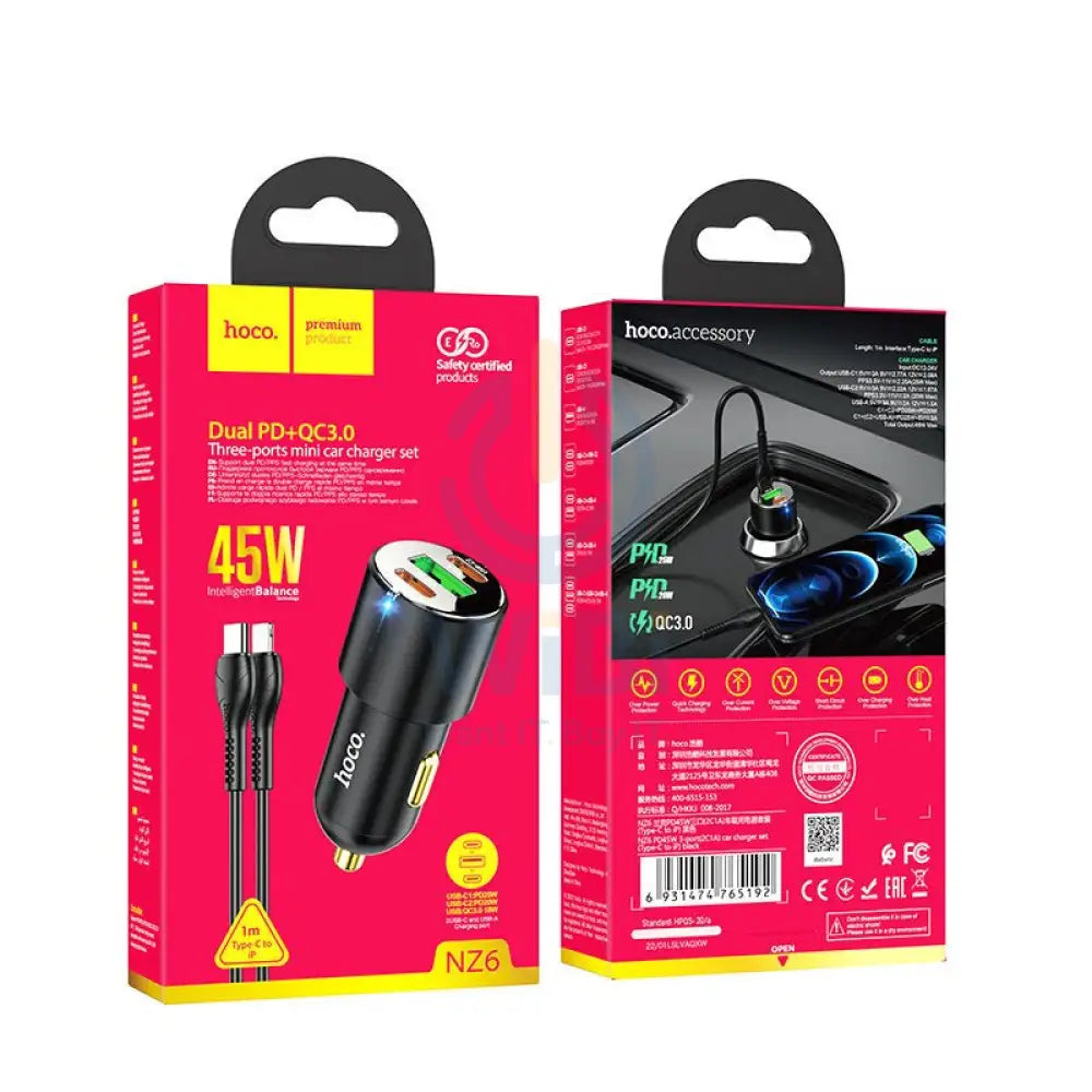 HOCO NZ6 Car Charger - 45W / USB-C / Lightning / Black Accessories > Mobiles & Tablets > Mobiles > Car Chargers