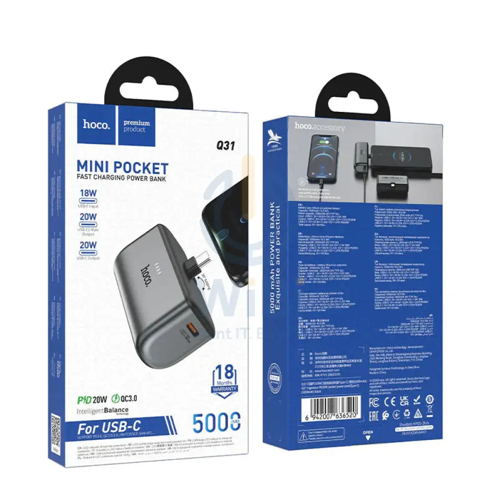 Hoco Q31 Portable Pocket Fast Charging Power Bank - 5000mah / 20W / Black Accessories > Power Bank