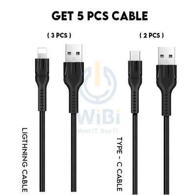 Hoco X20 Flash Charging Data Cable - 2 Meter / Type-C (2 PCs) / Lightning - (3 PCs) / Black / Pack Of 5 Accessories >