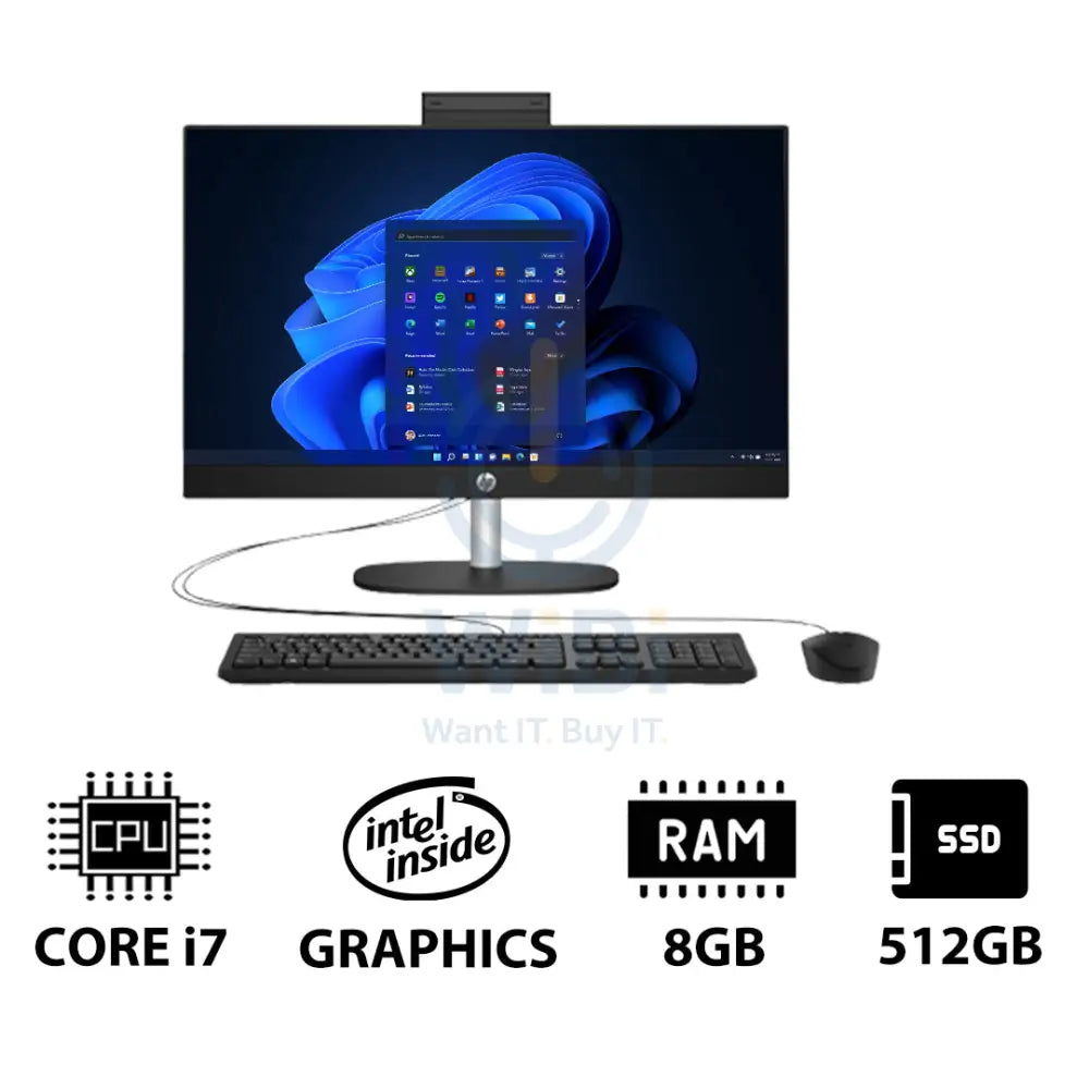 HP 24-CR0041NE AIO PC - 23.8’’ FHD Non-Touch / i7 / 8GB / 512GB (NVMe M.2 SSD) / Win 11 Pro / 1YW / Jet Black - Desktop