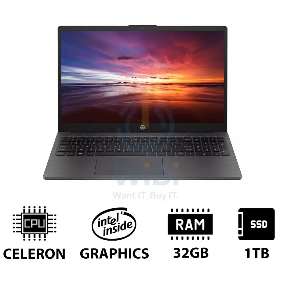 HP 250 G10 - 15.6’’ HD / Celeron / 32GB / 1TB (NVMe M.2 SSD) / DOS (Without OS) / 1YW / Dark Ash Silver - Laptop Laptops
