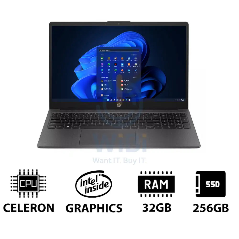 HP 250 G10 - 15.6’’ HD / Celeron / 32GB / 256GB (NVMe M.2 SSD) / Win 11 Pro / 1YW / Dark Ash Silver - Laptop Laptops