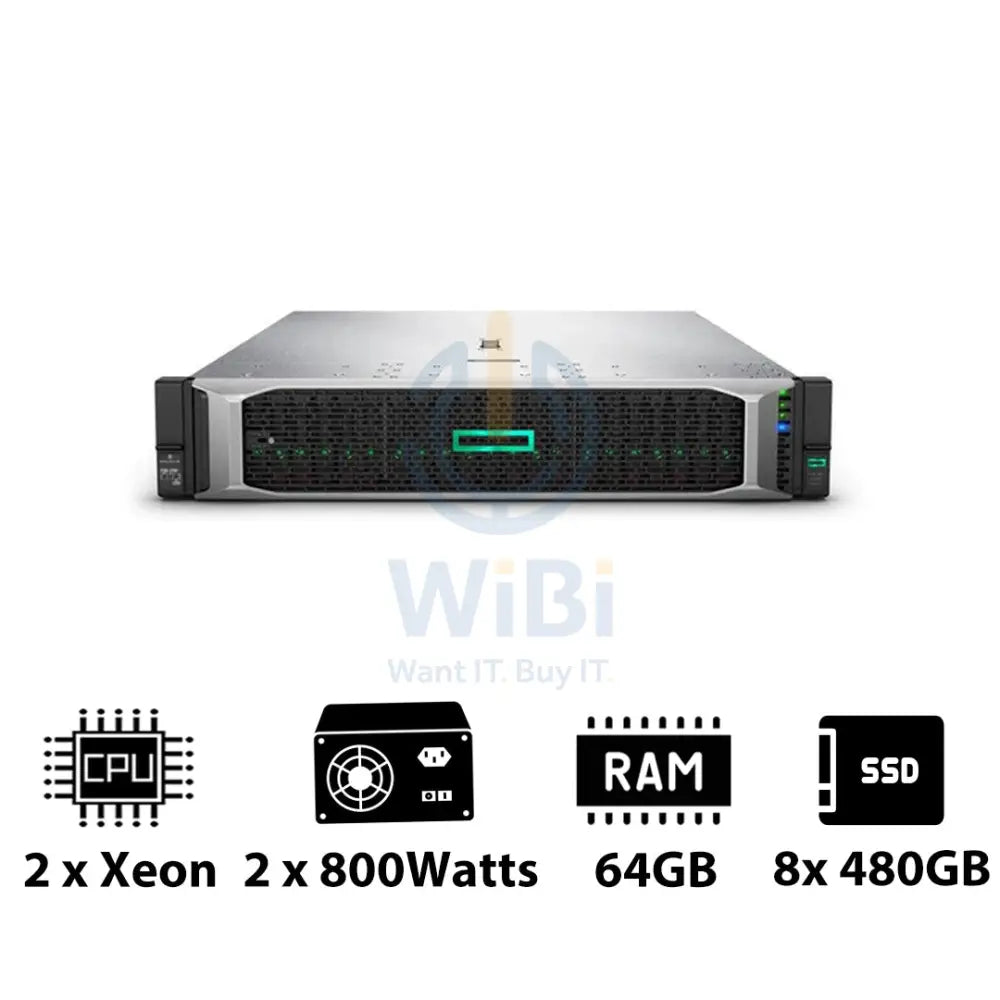 HP ProLiant DL380 G10 - 2x Xeon-2.40GHz / 2x 10-Cores / 64GB / 8x 480GB SSD / 2x 800Watts / Rack(2U) Server &
