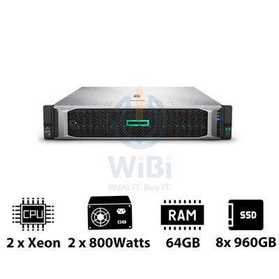 HP ProLiant DL380 G10 - 2x Xeon-2.40GHz / 2x 10-Cores / 64GB / 8x 960GB SSD / 2x 800Watts / Rack(2U) Server &
