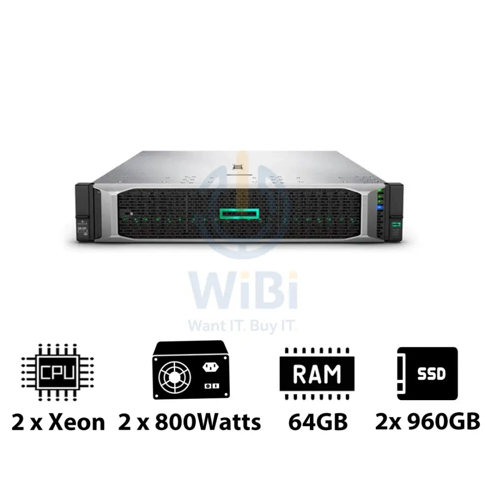 HP ProLiant DL380 G10 - 2x Xeon-2.40GHz / 2x 10-Cores / 64GB / 2x 960GB SSD / 2x 800Watts / Rack(2U) Server &