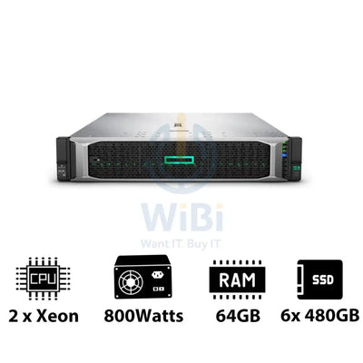 HP ProLiant DL380 G10 - Xeon-2.40GHz / 10-Cores / 64GB / 6x 480GB SSD / 800Watts / Rack(2U) Server & Workstations >