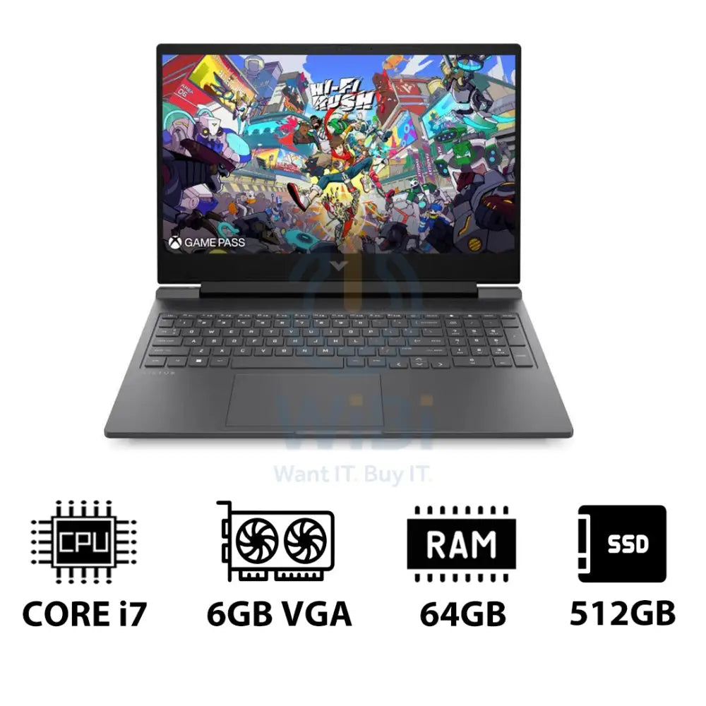 إتش بي في جي إيه  الألعاب لابتوب 16-R1042NE - 16.1 بوصة FHD / آي 7 / 64 جيجابايت / 512 جيجابايت (NVMe م.2 إس إس دي) / RTX 4050 6 جيجابايت في جي إيه / دوس (بدون