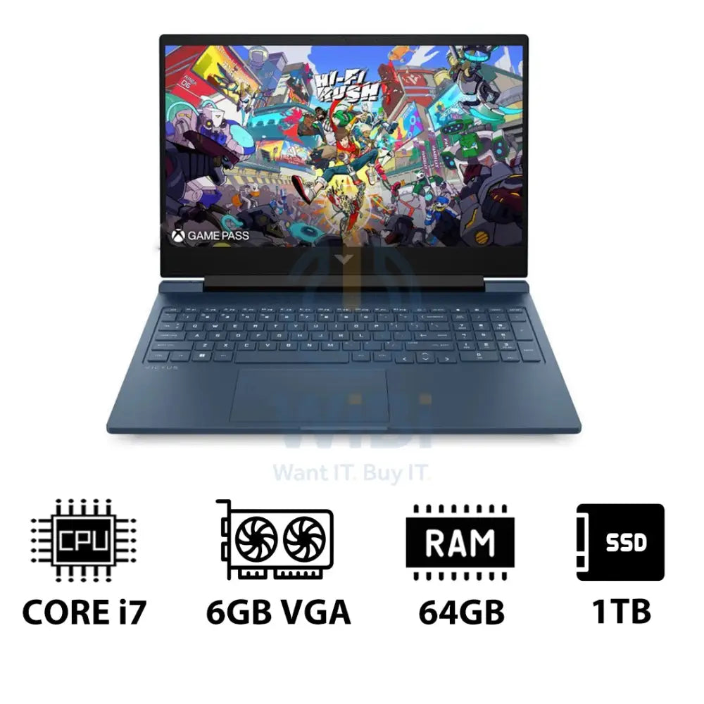 إتش بي في جي إيه  الألعاب لابتوب 16-R1043NE - 16.1 بوصة FHD / آي 7 / 64 جيجابايت / 1 تيرابايت (NVMe م.2 إس إس دي) / RTX 4050 6 جيجابايت في جي إيه / دوس (بدون نظام تشغيل)