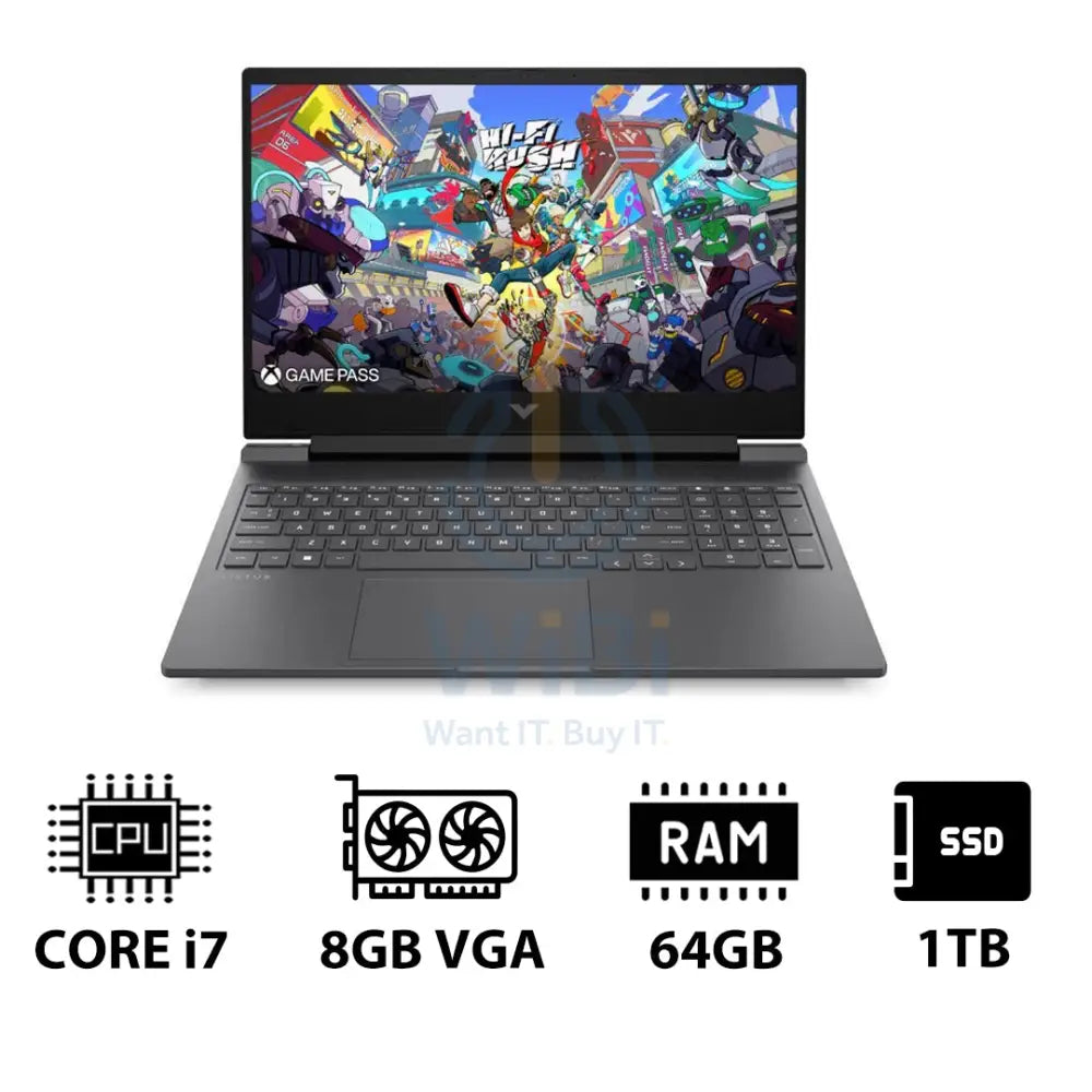 إتش بي في جي إيه  الألعاب لابتوب 16-R1054NE - 16.1 بوصة FHD / آي 7 / 64 جيجابايت / 1 تيرابايت (NVMe م.2 إس إس دي) / RTX 4060 8 جيجابايت في جي إيه / دوس (بدون نظام تشغيل)