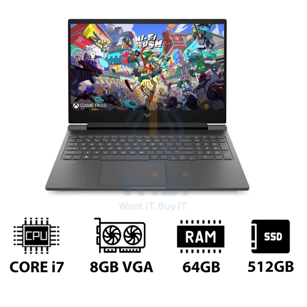 إتش بي في جي إيه  الألعاب لابتوب 16-R1054NE - 16.1 بوصة FHD / آي 7 / 64 جيجابايت / 512 جيجابايت (NVMe م.2 إس إس دي) / RTX 4060 8 جيجابايت في جي إيه / دوس (بدون