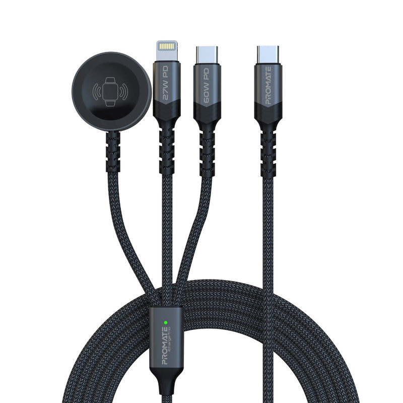 Promate iCharge-Trio 5-in-1 Multi-Connector Cable - USB-C / Lightning / Watch Charger / Black