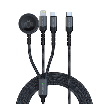 Promate iCharge-Trio 5-in-1 Multi-Connector Cable - USB-C / Lightning / Watch Charger / Black