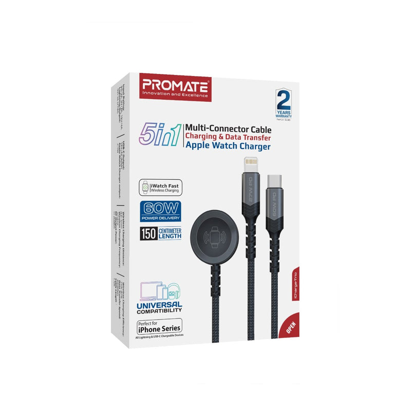 Promate iCharge-Trio 5-in-1 Multi-Connector Cable - USB-C / Lightning / Watch Charger / Black