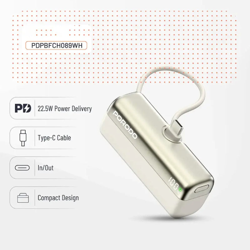 Porodo Pocket Volt Power Bank - 5000mAh / 22.5W / USB-C / White