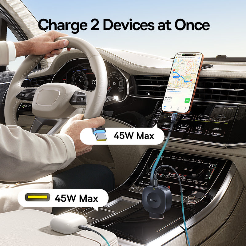 Baseus PrimeTrip VR2 Car Charger with Retractable Cable - USB-C / 45W / Cosmic Black
