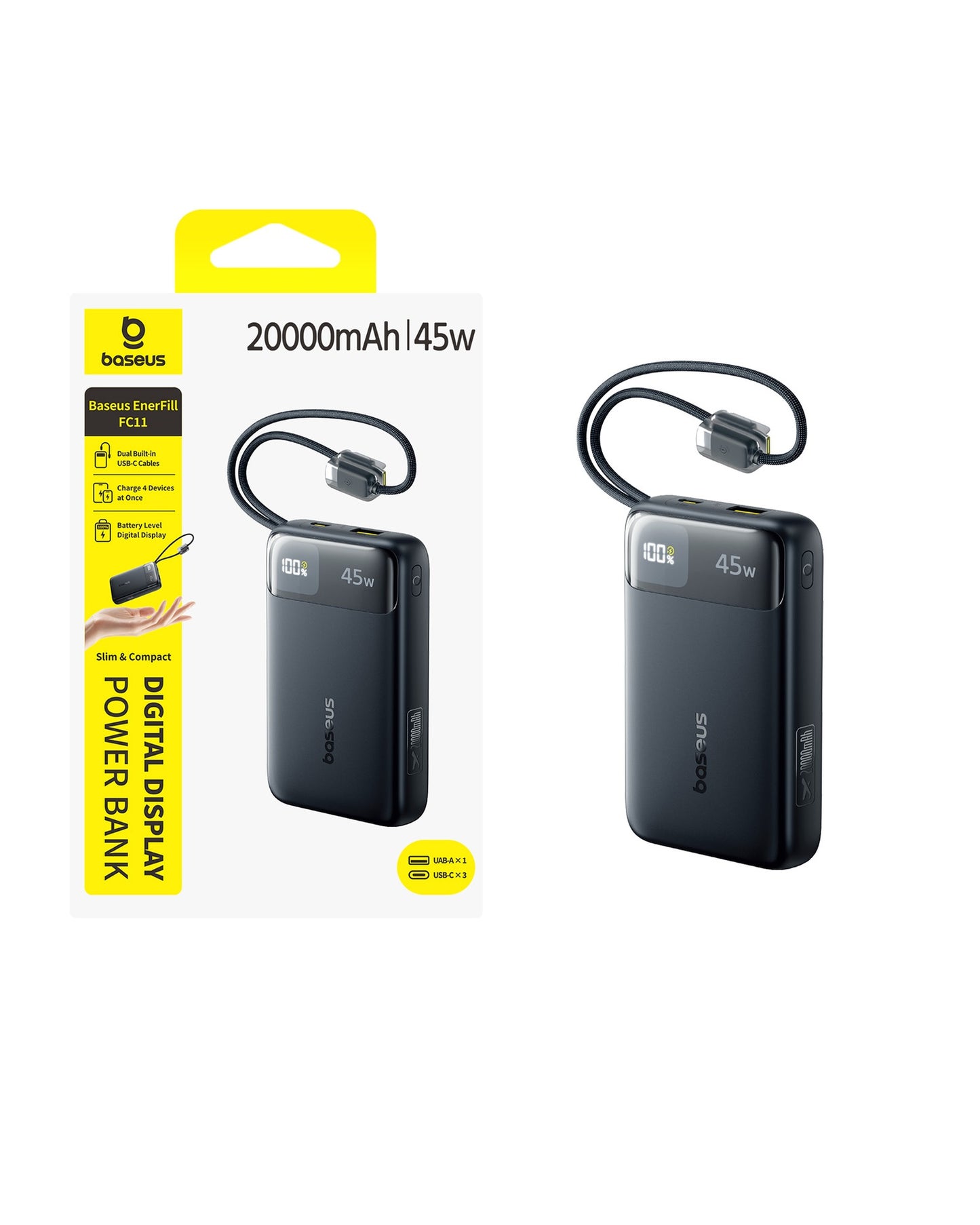 Baseus EnerFill FC11 Digital Display Power Bank with Dual Built-in USB-C Cables - 20000mAh / 45W / Cosmic Black