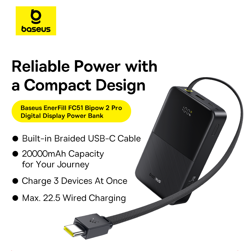 Baseus EnerFill FC51 Bipow2 Pro Digital Display Power Bank with Built-in Cable - 20000mAh / 22.5W / Cosmic Black