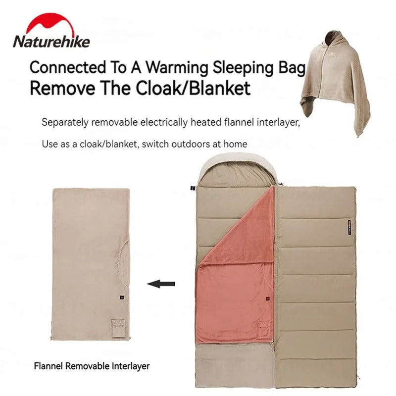 Naturehike RiXuan Envelope Hooded (USB-Heating) Cotton Sleeping Bag - Brown BE400 Right Zipper