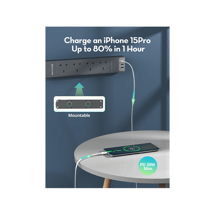 مشترك كهربائي متعدد المنافذ راف باور بمنفذ USB-C ومنفذي USB-A وتقنية PD30 و4 مقابس تيار متردد مع كابل بطول 3 أمتار