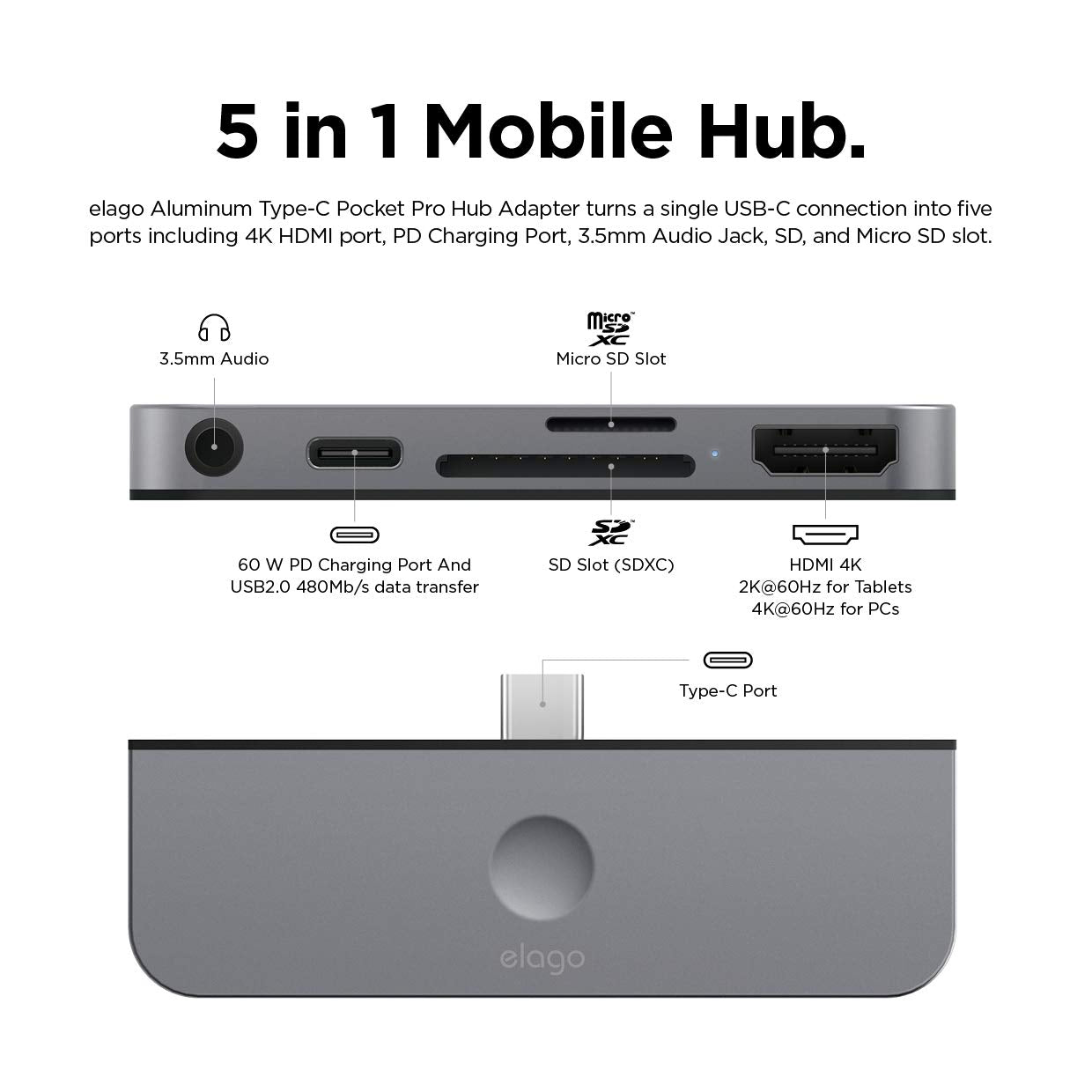 Elago Aluminum Type-C Pocket Pro Hub Adapter - Dark Gray