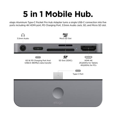 Elago Aluminum Type-C Pocket Pro Hub Adapter - Dark Gray