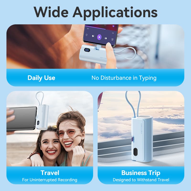 Vention Power Bank LED Display 4800mAh (USB-C + Lightning + USB-C) 22.5W Foldable USB-C Type - Blue