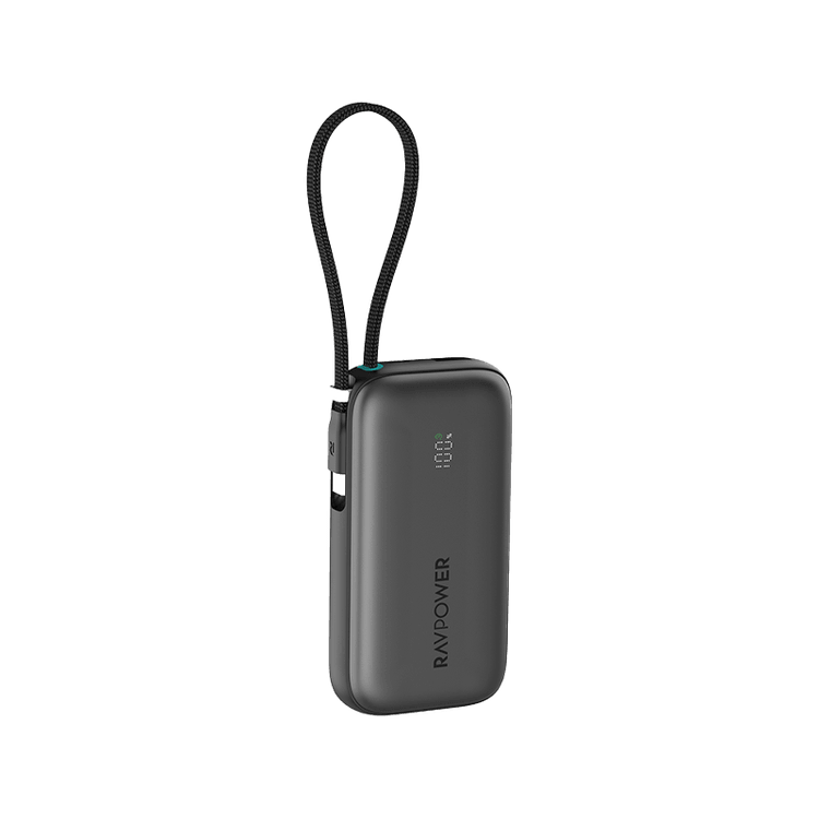 RavPower 1-Port USB-C and 1-Port USB-A PD 45W With Built-In USB-C Cable 10000mAh Power Bank - Black